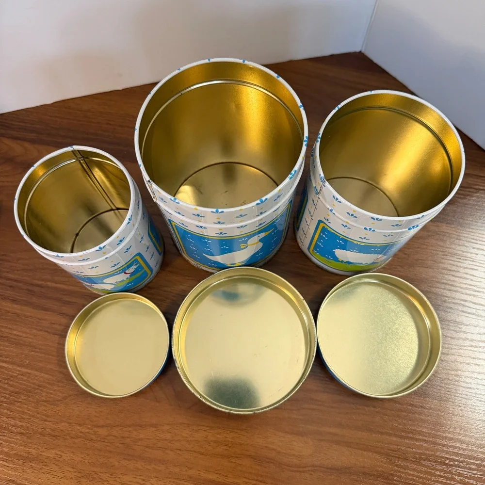 Vintage 1984 WA Nesting Kitchen Canisters Set of 3 Goose Sheep Pig Farm Blue Tin